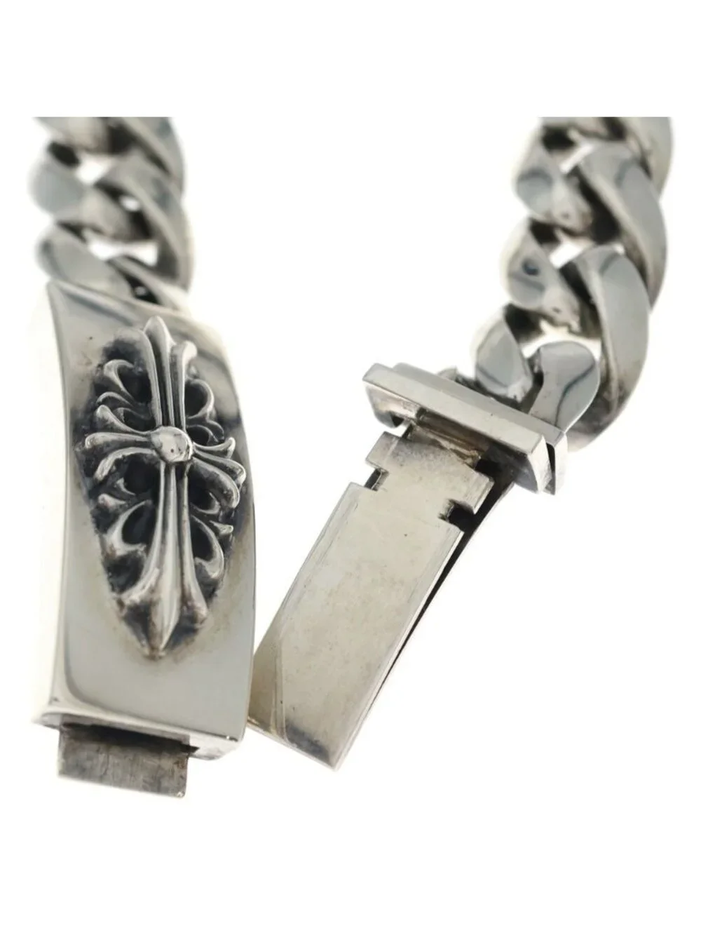 Chrome Hearts ID Floral Crs Cross ID Classic Link Bracelet Silver
